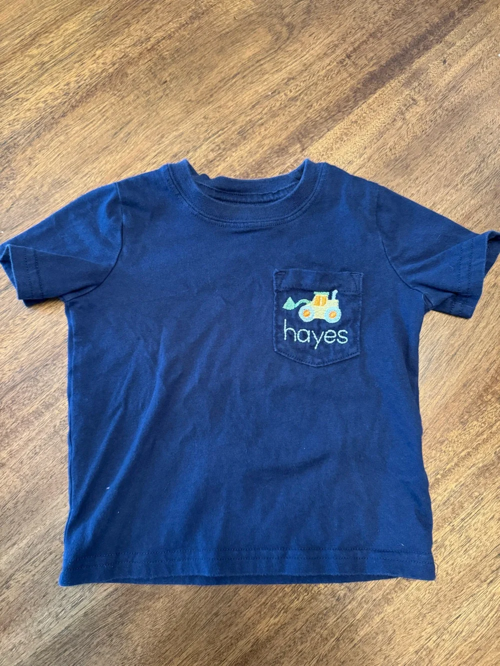 Carter's Navy Short Sleeve Tee with Tractor Pocket and “Hayes” monogram